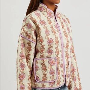 Free People Floral Quilted Puffer Jacket - Cream and Pink